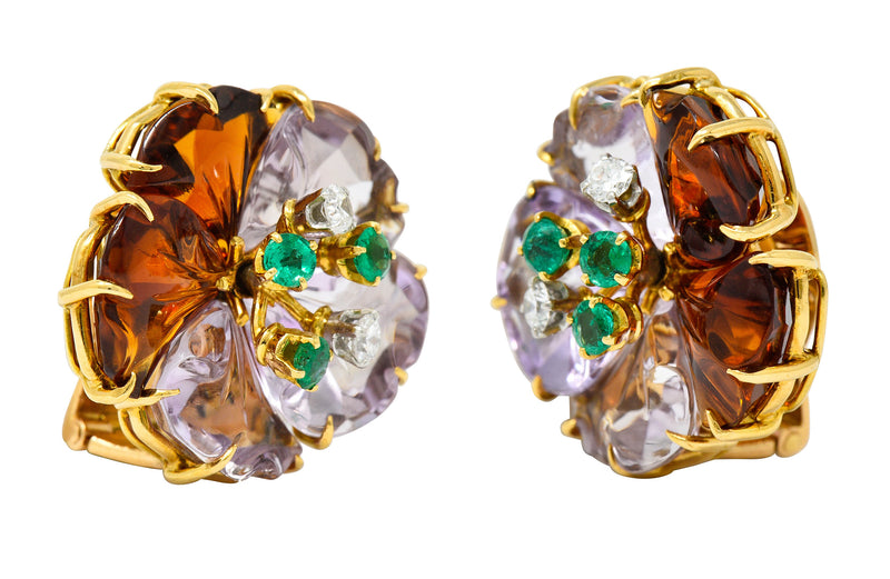 Boucheron Paris Diamond Emerald Citrine Amethyst 18 Karat Gold Flower Ear-Clip EarringsEarrings - Wilson's Estate Jewelry