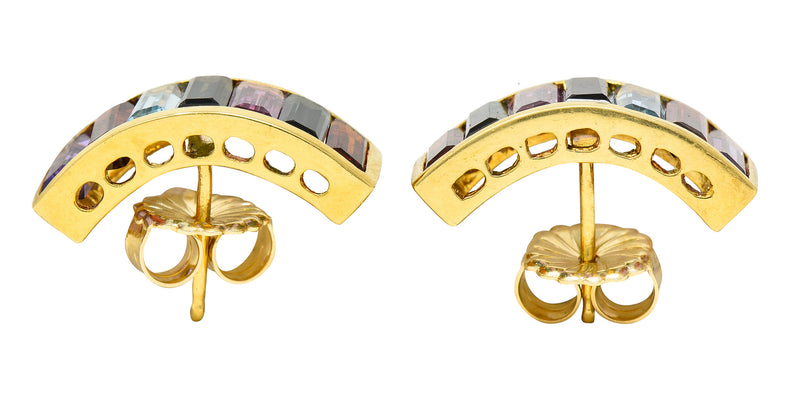 1990's Vintage Amethyst Tourmaline Citrine Topaz Multi-Gem 18 Karat Yellow Gold Half Hoop Gemstone Earrings Wilson's Estate Jewelry