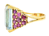 Retro 17.12 CTW Emerald Cut Aquamarine Ruby 18 Karat Yellow Gold Vintage Cocktail Ring Wilson's Estate Jewelry