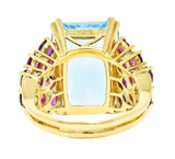Retro 17.12 CTW Emerald Cut Aquamarine Ruby 18 Karat Yellow Gold Vintage Cocktail Ring Wilson's Estate Jewelry