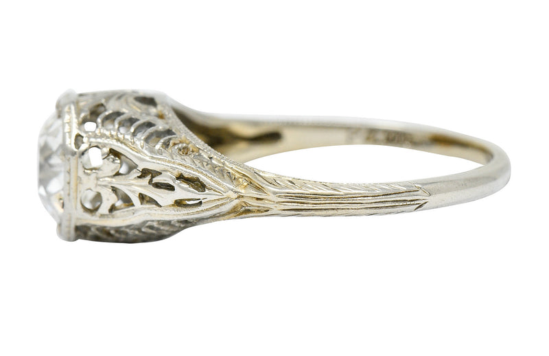 Late Edwardian 1.02 CTW Diamond 18 Karat White Gold Foliate Engagement Ring GIARing - Wilson's Estate Jewelry