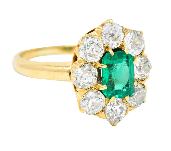 Edwardian 1.54 CTW Emerald Old European Cut Diamond 18 Karat Yellow Gold Antique Cluster Ring Wilson's Estate Jewelry