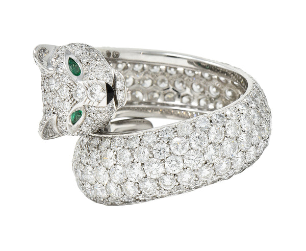Cartier French 6.57 CTW Diamond Emerald 18 Karat White Gold Panthere Bypass RingRings - Wilson's Estate Jewelry