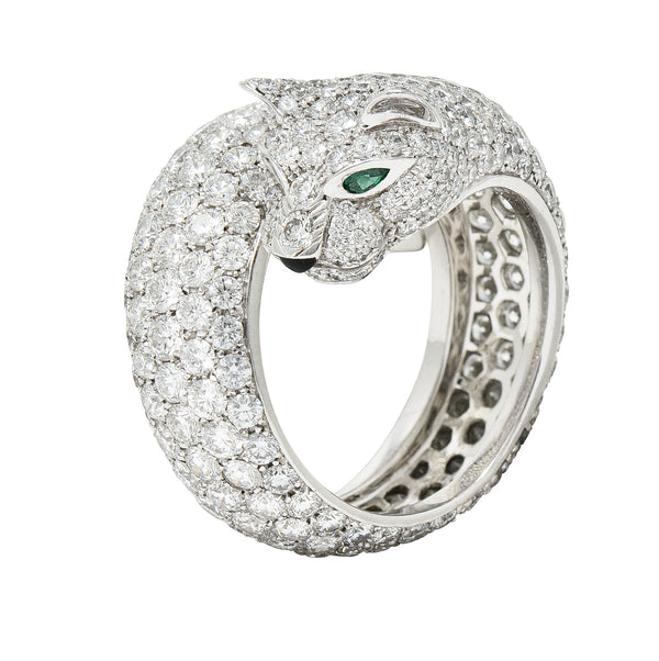 Cartier French 6.57 CTW Diamond Emerald 18 Karat White Gold Panthere Bypass RingRings - Wilson's Estate Jewelry