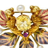 Art Nouveau Yellow Sapphire Pearl Ruby 14 Karat Gold Fairy Pendant BroochBrooch - Wilson's Estate Jewelry