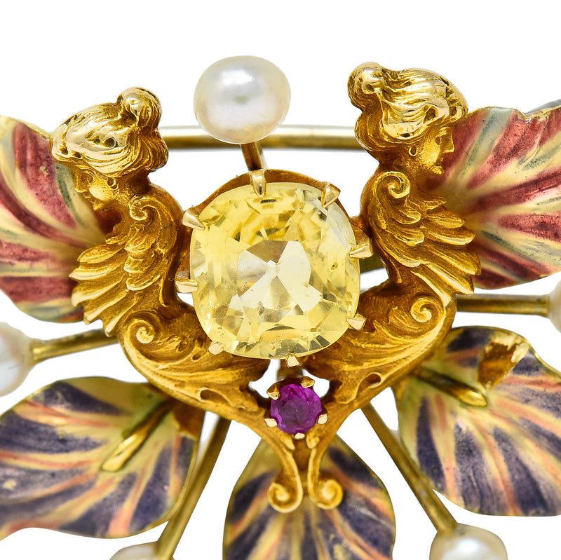 Art Nouveau Yellow Sapphire Pearl Ruby 14 Karat Gold Fairy Pendant BroochBrooch - Wilson's Estate Jewelry