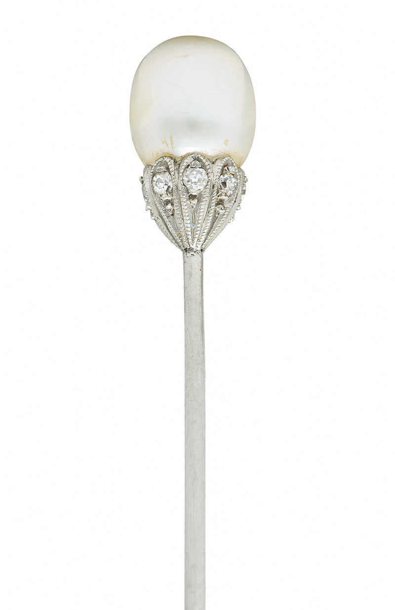 Edwardian Natural Freshwater Pearl Diamond Platinum Stickpin GIAStick Pin - Wilson's Estate Jewelry