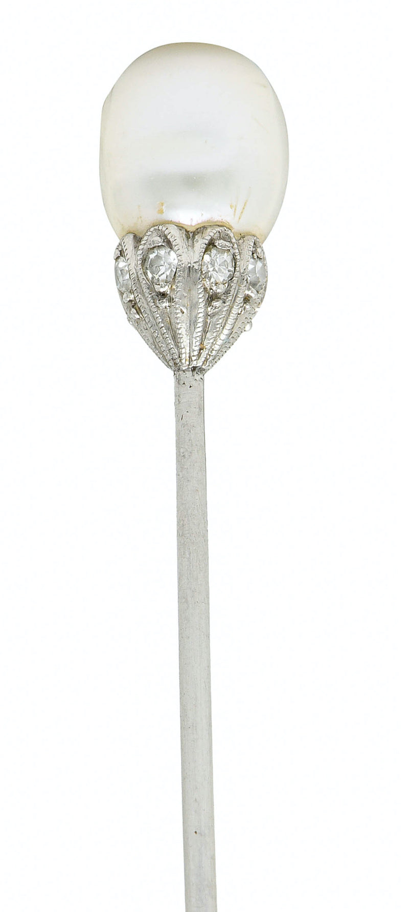 Edwardian Natural Freshwater Pearl Diamond Platinum Stickpin GIAStick Pin - Wilson's Estate Jewelry