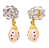 Aaron Basha Diamond Pink Enamel 18 Karat Two-Tone Ladybug Drop Earrings Wilson's Estate Jewelry