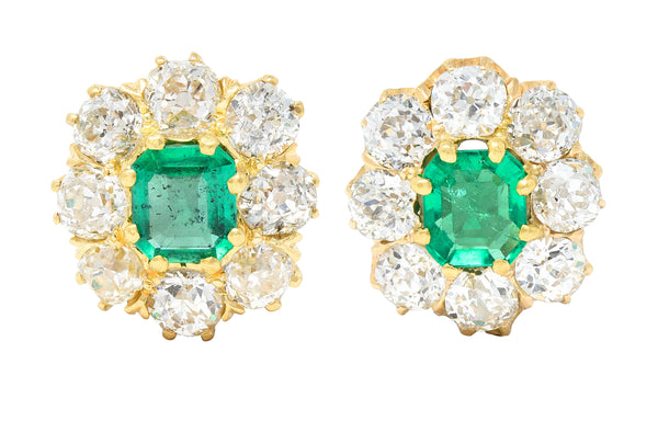 Victorian 4.14 CTW Emerald Old European Cut Diamond 18 Karat Yellow Gold Antique Cluster Earrings Wilson's Estate Jewelry