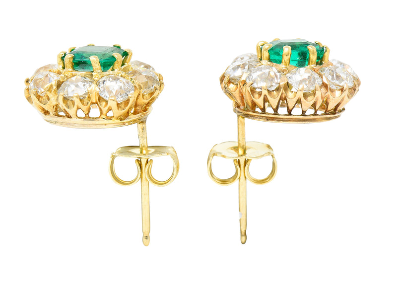 Victorian 4.14 CTW Emerald Old European Cut Diamond 18 Karat Yellow Gold Antique Cluster Earrings Wilson's Estate Jewelry