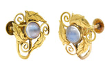 Arts & Crafts Moonstone 18 Karat Gold Foliate Screwback EarringsEarrings - Wilson's Estate Jewelry