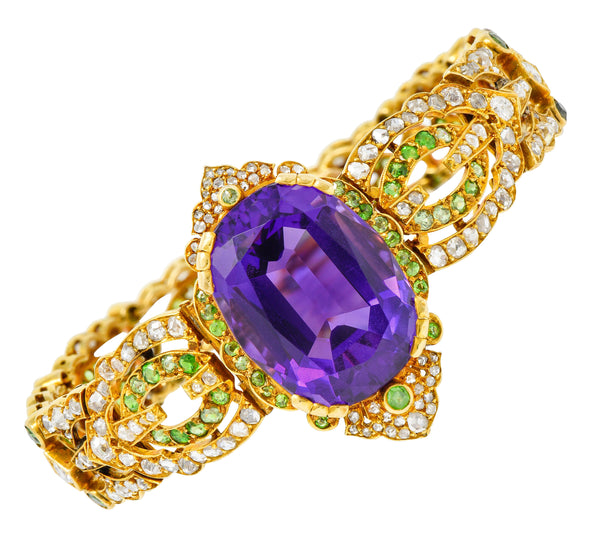 Suffragette Amethyst Demantoid Garnet Diamond 18 Karat Gold Decorous Braceletbracelet - Wilson's Estate Jewelry