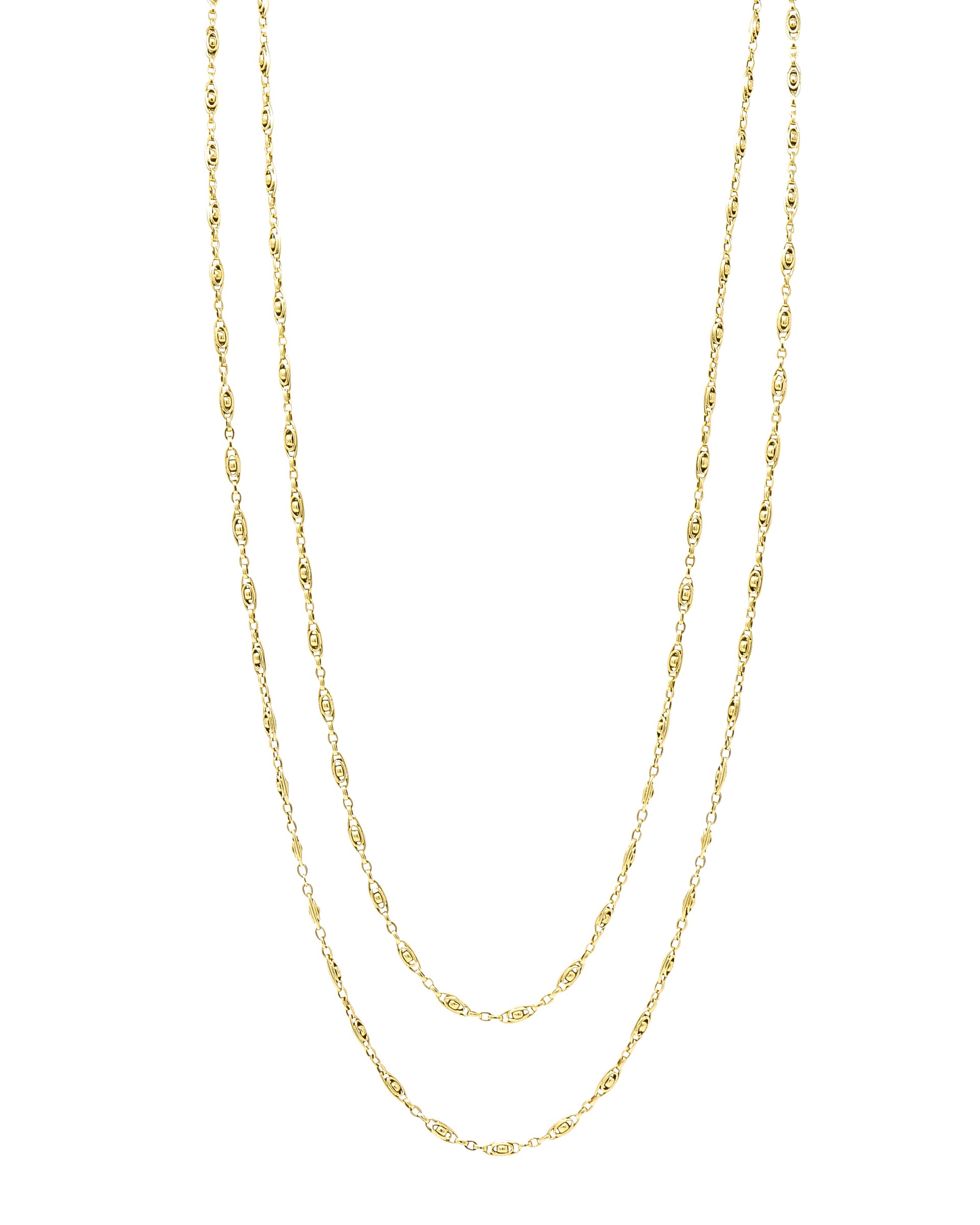 French Victorian 18 Karat Yellow Gold 58 1/2 Inch Long Oval Link Antique Chain Necklace Wilson's Estate Jewelry