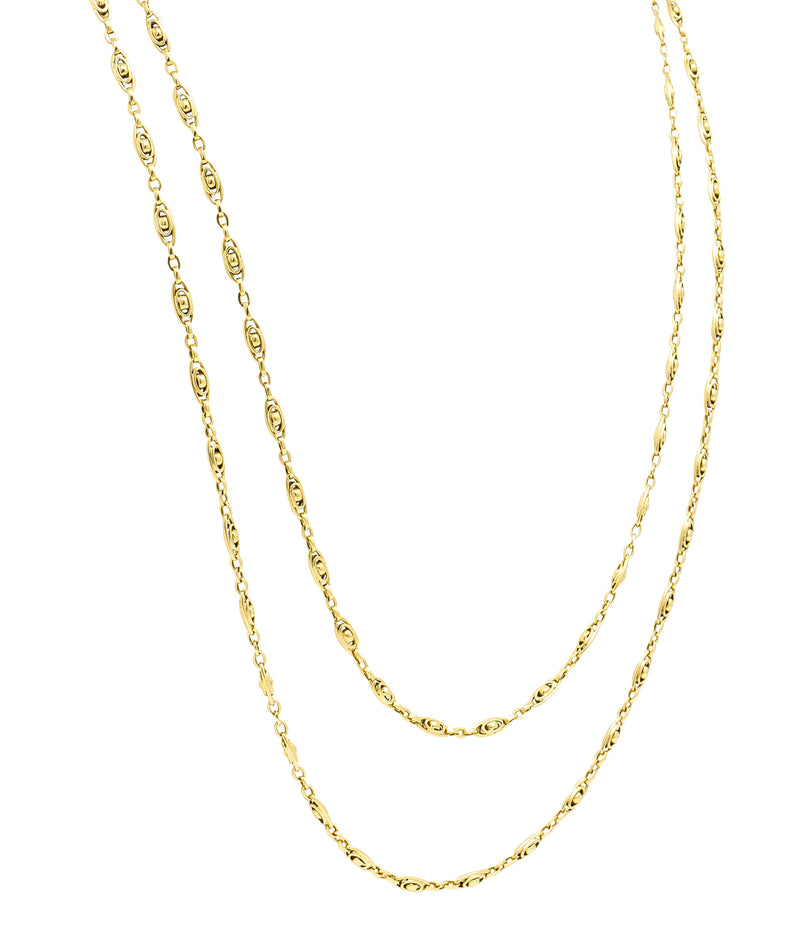 French Victorian 18 Karat Yellow Gold 58 1/2 Inch Long Oval Link Antique Chain Necklace Wilson's Estate Jewelry