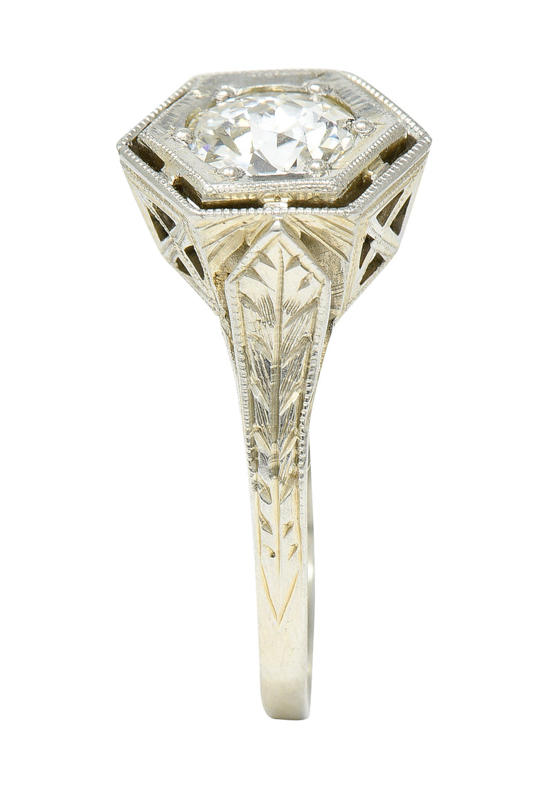 Art Deco 0.74 CTW Old European Cut Diamond 20 Karat White Gold Hexagonal Engagement Ring Wilson's Estate Jewelry
