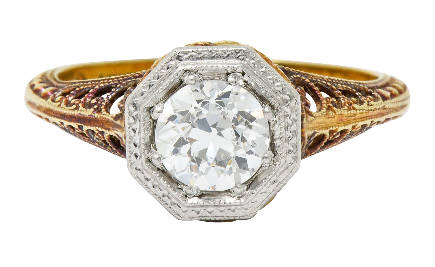 Edwardian 0.64 CTW Diamond Platinum-Topped 14 Karat Gold Filigree Engagement RingRing - Wilson's Estate Jewelry
