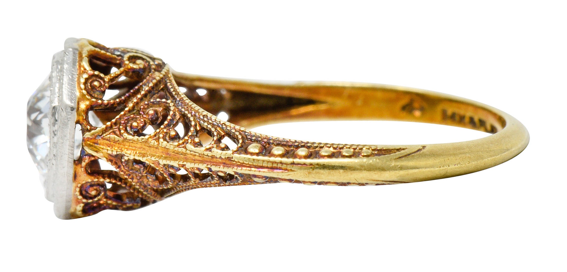 Edwardian 0.64 CTW Diamond Platinum-Topped 14 Karat Gold Filigree Engagement RingRing - Wilson's Estate Jewelry