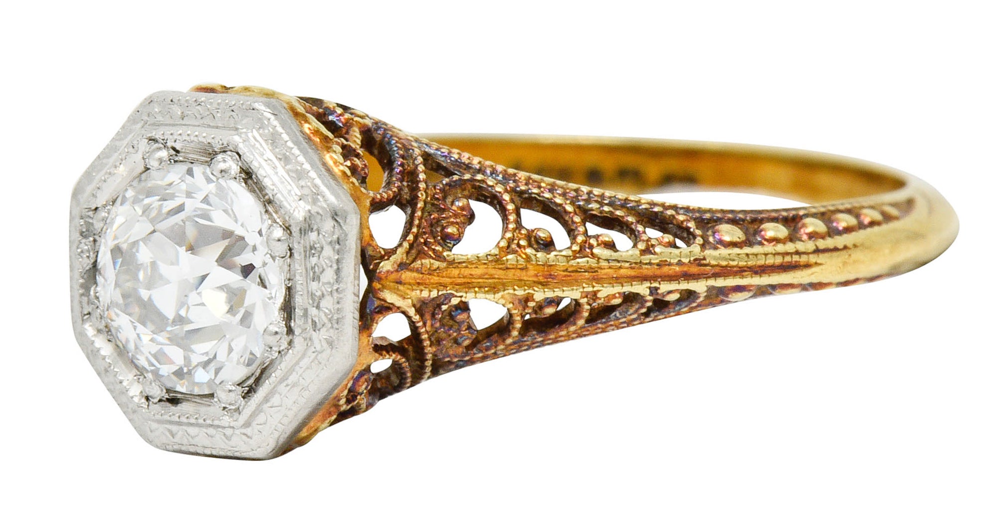 Edwardian 0.64 CTW Diamond Platinum-Topped 14 Karat Gold Filigree Engagement RingRing - Wilson's Estate Jewelry