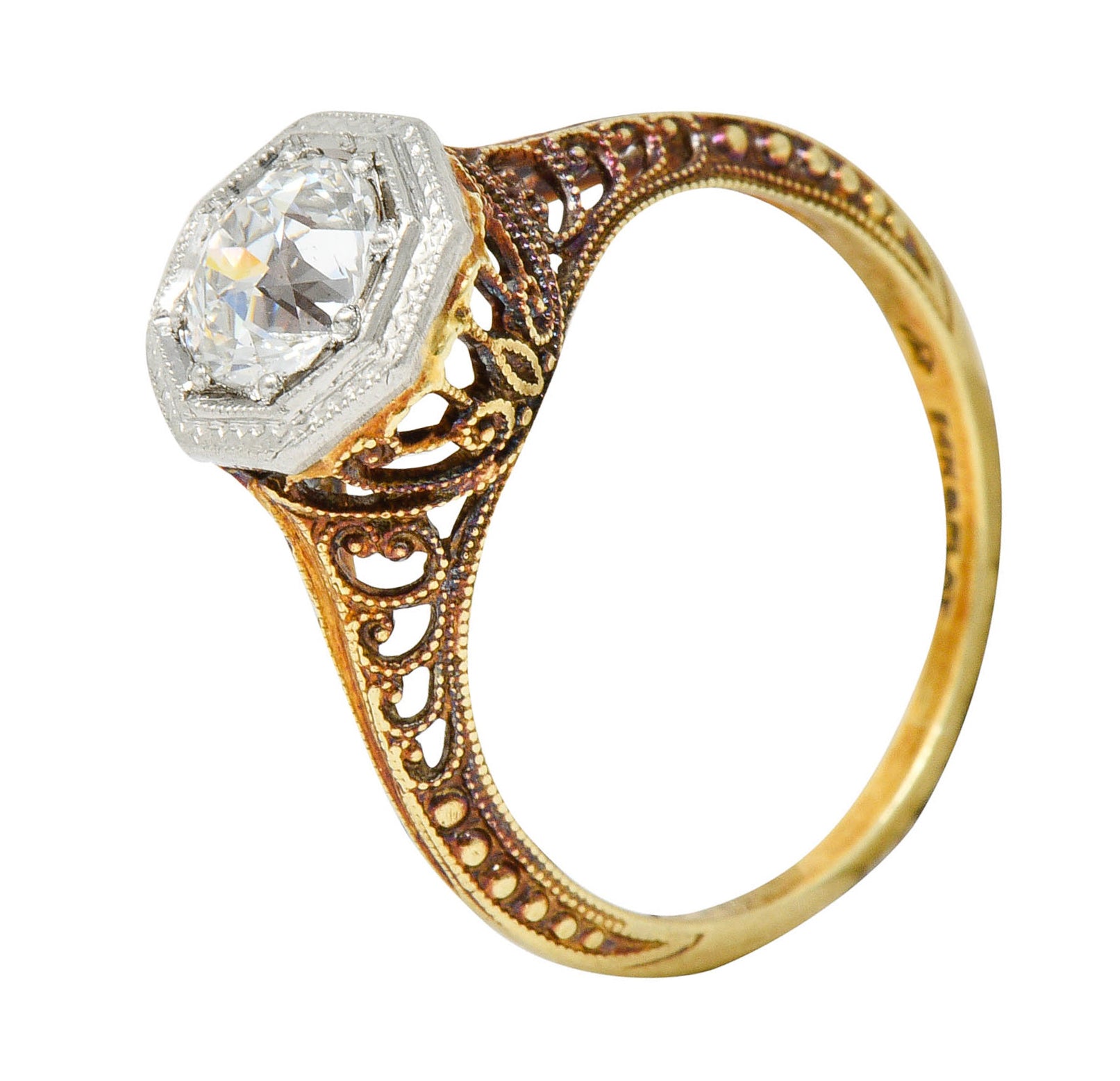 Edwardian 0.64 CTW Diamond Platinum-Topped 14 Karat Gold Filigree Engagement RingRing - Wilson's Estate Jewelry