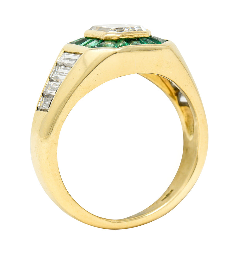 Vintage Italian 2.70 CTW Diamond Emerald 18 Karat Yellow Gold Unisex RingRing - Wilson's Estate Jewelry
