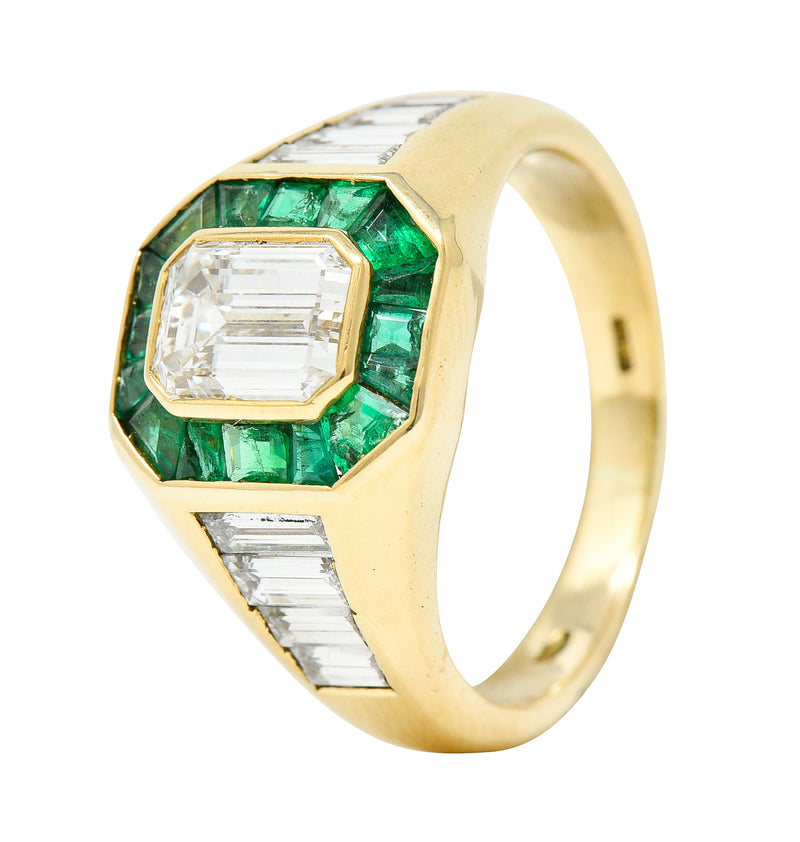 Vintage Italian 2.70 CTW Diamond Emerald 18 Karat Yellow Gold Unisex RingRing - Wilson's Estate Jewelry