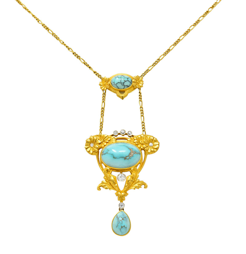 Art Nouveau Brassler Co. Turquoise Diamond 14 Karat Gold Swag NecklaceNecklace - Wilson's Estate Jewelry