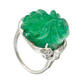 Art Deco 15.60 CTW Carved Colombian Emerald Diamond Platinum Floral Ring Wilson's Estate Jewelry