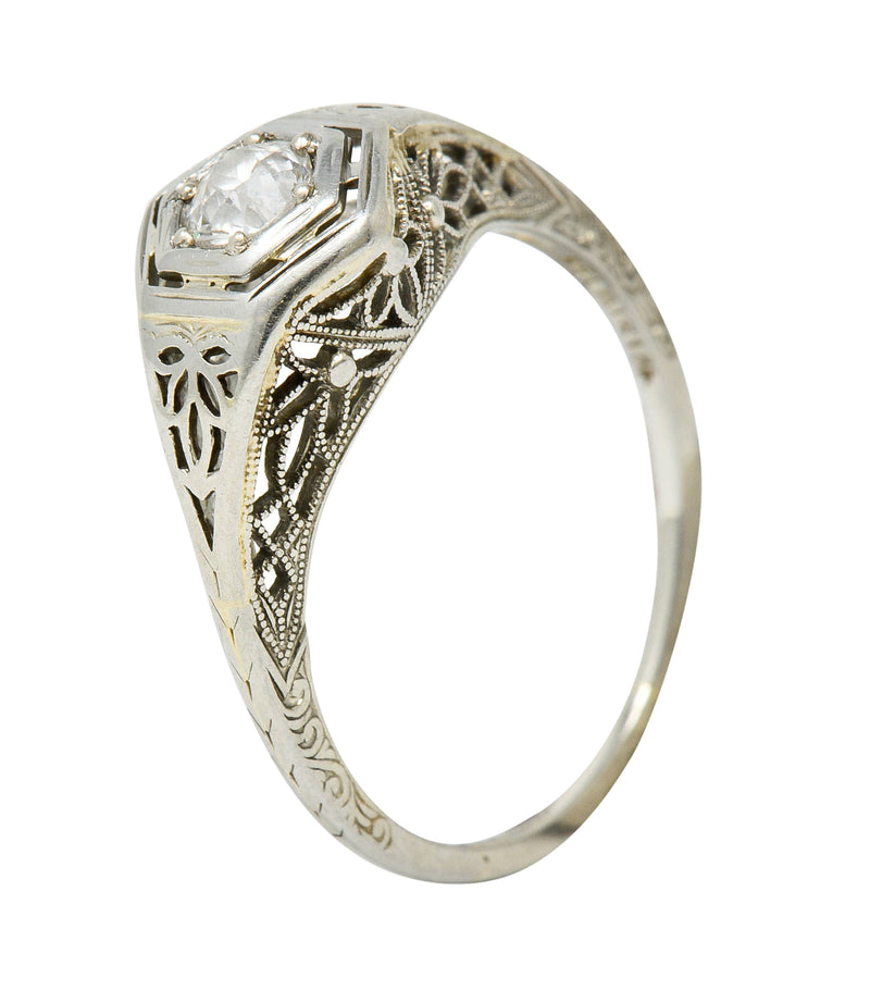 Belais Early Art Deco 0.26 CTW Diamond 18 Karat White Gold Floral Engagement RingRing - Wilson's Estate Jewelry