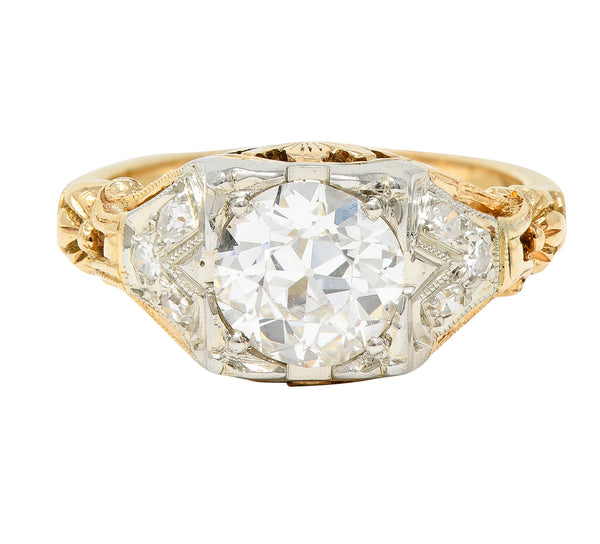 1920's Art Deco 1.11 CTW Diamond Two-Tone Gold Foliate Engagement Ring GIA Wilson's Estate Jewelry
