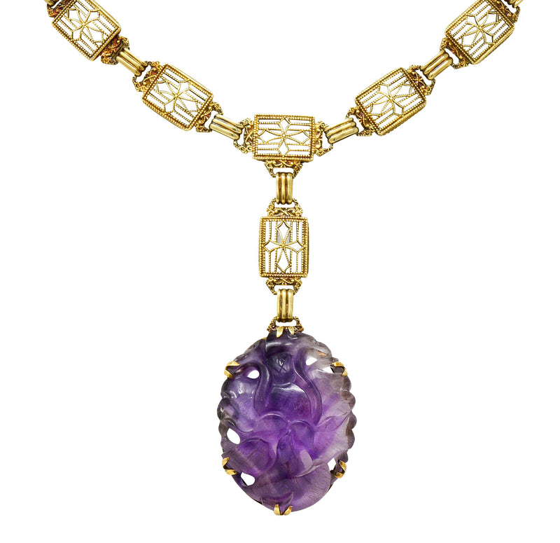 Victorian Carved Rutilated Amethyst 14 Karat Gold Drop NecklaceNecklace - Wilson's Estate Jewelry