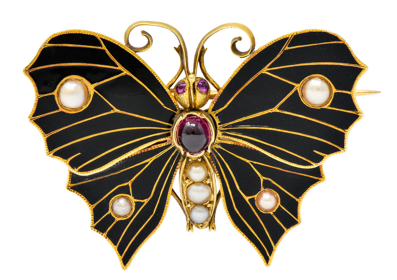1890's Victorian Garnet Pearl Ruby Enamel 18 Karat Gold Butterfly Watch Pin BroochBrooch - Wilson's Estate Jewelry