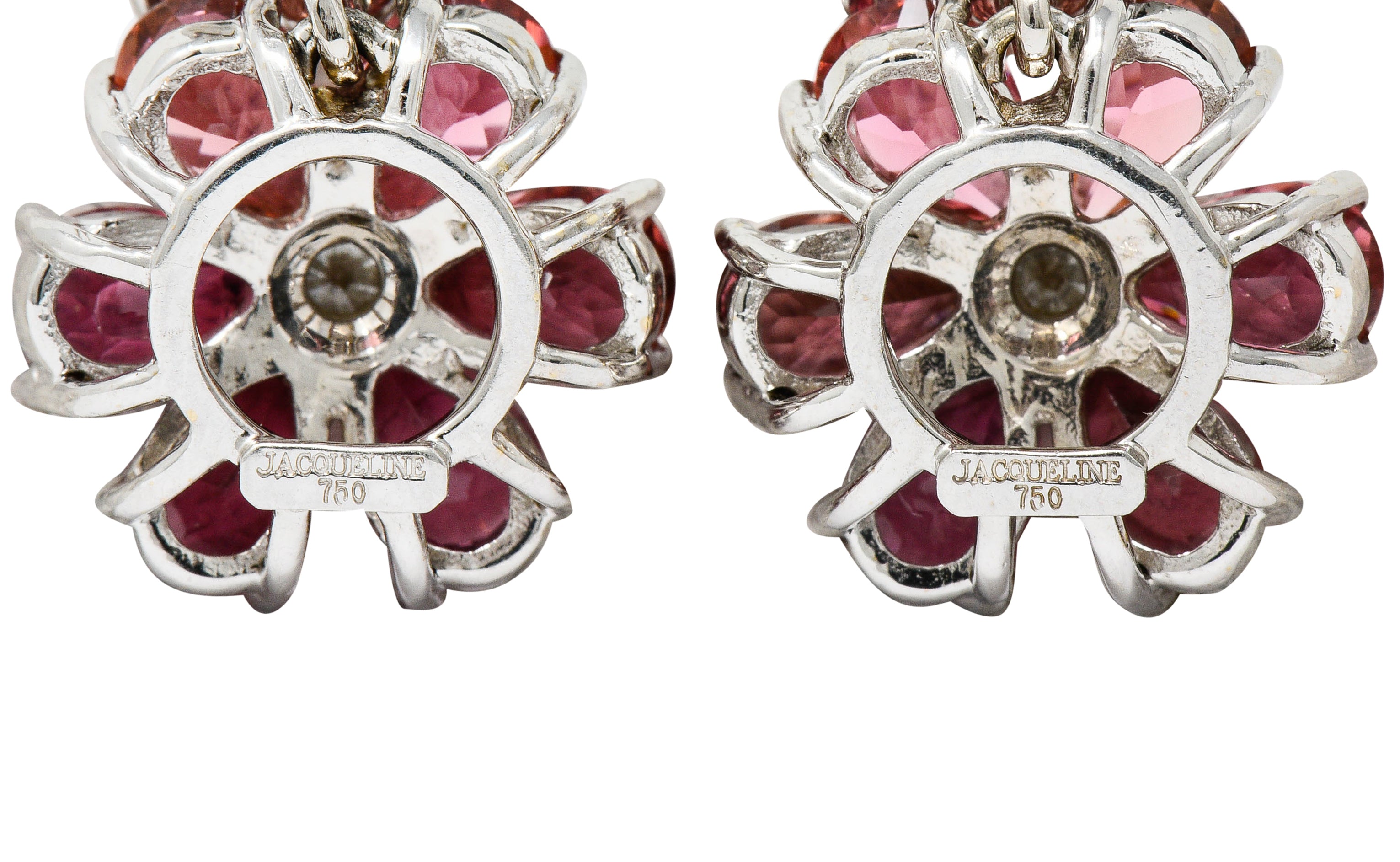 Contemporary Pink Tourmaline Diamond 18 Karat White Floral Cluster Drop EarringsEarrings - Wilson's Estate Jewelry