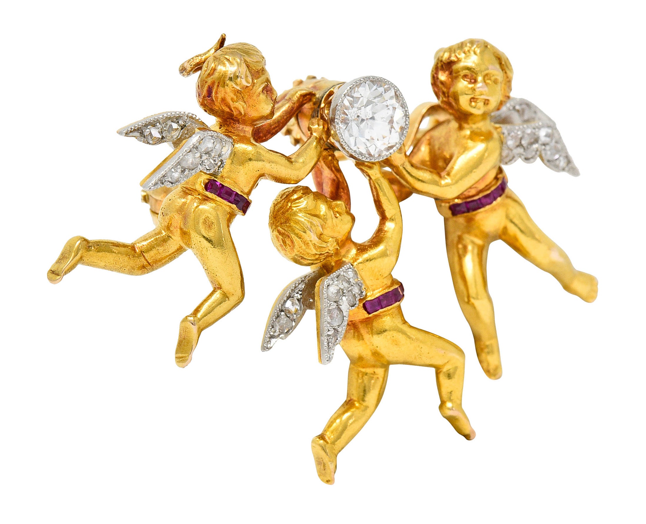 Edwardian Diamond Ruby Platinum-Topped 18 Karat Gold Cherubic Pendant BroochBrooch - Wilson's Estate Jewelry