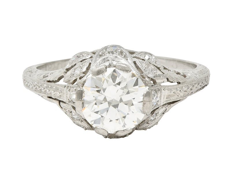 Art Deco 1.44 CTW Old European Diamond Platinum Foliate Vintage Engagement Ring