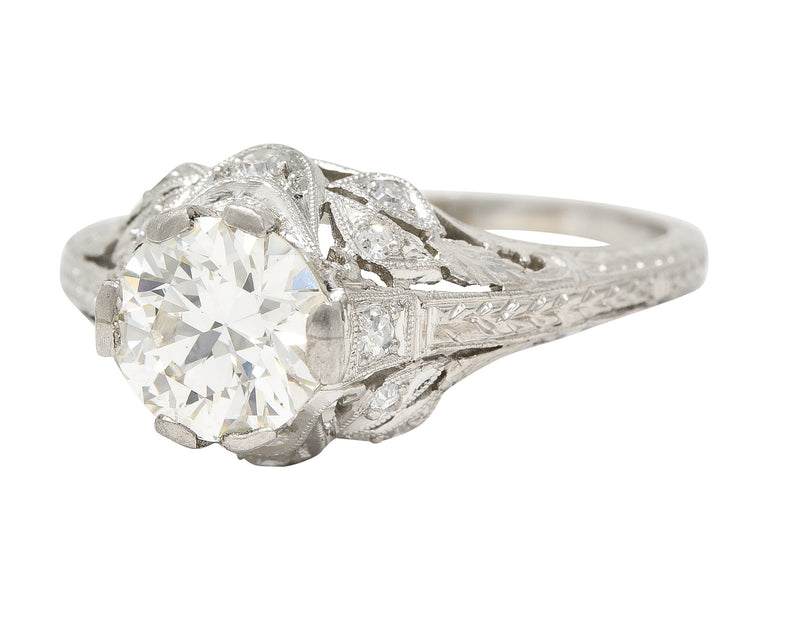 Art Deco 1.44 CTW Old European Diamond Platinum Foliate Vintage Engagement Ring