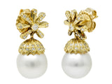 Contemporary 1.15 CTW Diamond Cultured Pearl 18 Karat Gold Drop EarringsEarrings - Wilson's Estate Jewelry