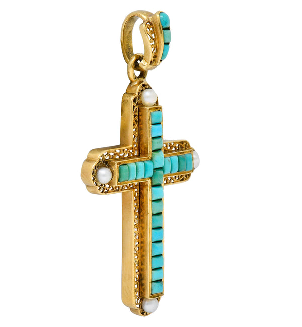 French Victorian Turquoise Pearl 18 Karat Gold Cross PendantNecklace - Wilson's Estate Jewelry