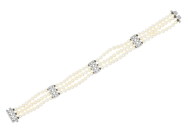 Tiffany & Co. Diamond Pearl Platinum Voile Three Strand Station Bracelet Wilson's Estate Jewelry
