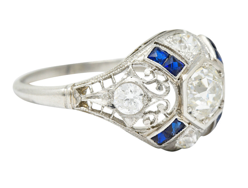 Art Deco 1.85 CTW Diamond Sapphire Platinum Hexagonal Filigree Engagement RingRing - Wilson's Estate Jewelry