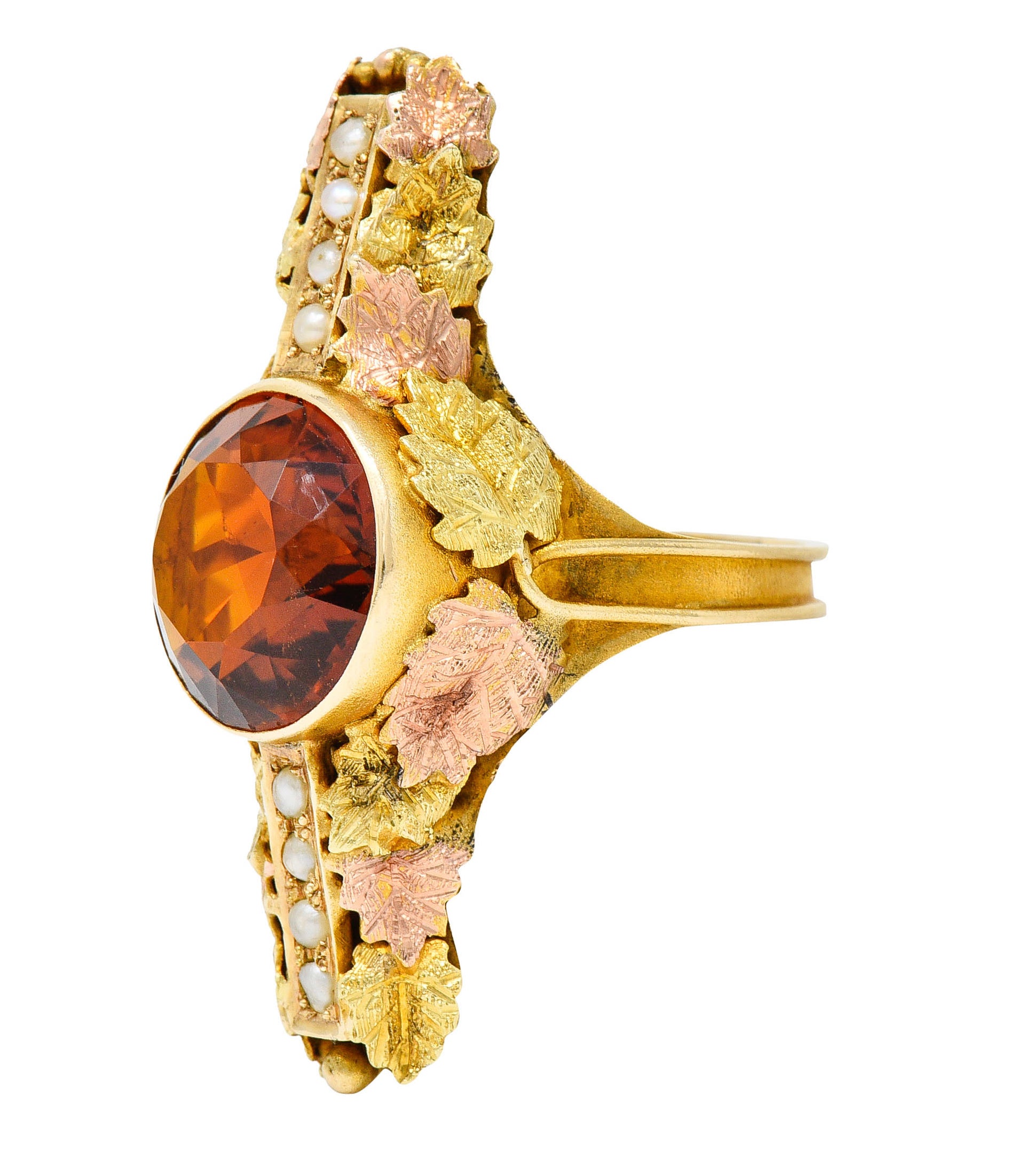 Arts & Crafts Citrine Pearl 14 Karat Tri-Gold Foliate RingRing - Wilson's Estate Jewelry