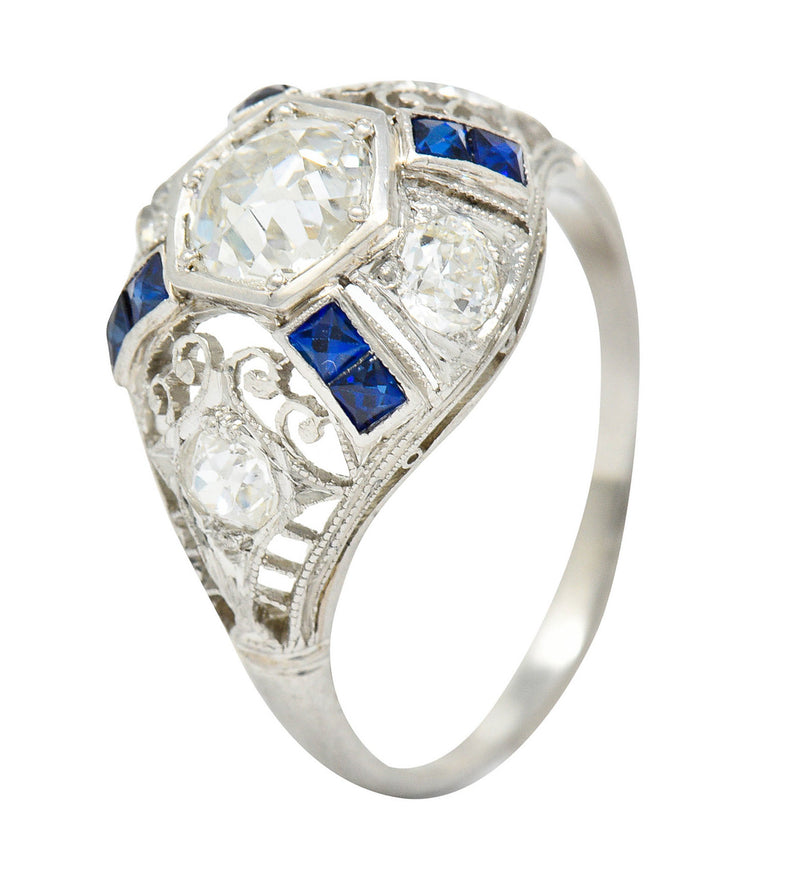 Art Deco 1.85 CTW Diamond Sapphire Platinum Hexagonal Filigree Engagement RingRing - Wilson's Estate Jewelry