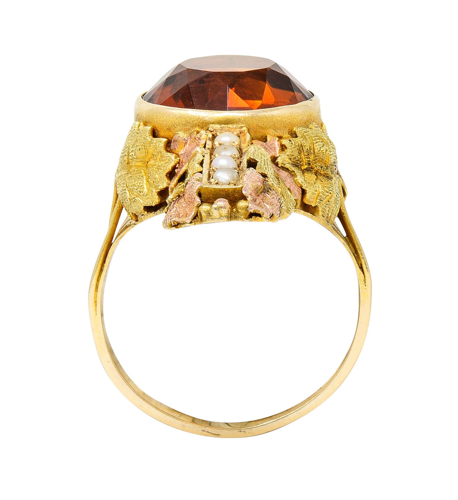 Arts & Crafts Citrine Pearl 14 Karat Tri-Gold Foliate RingRing - Wilson's Estate Jewelry