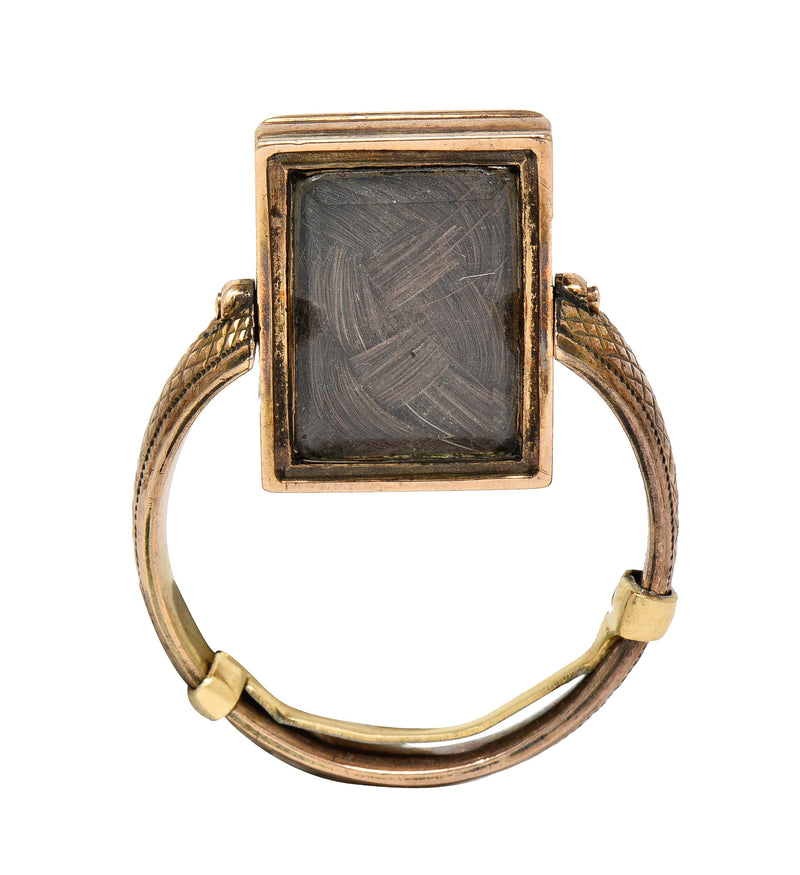 Victorian Mourning Quartz Braided Hair 14 Karat Gold Cross Antique Flip Ring