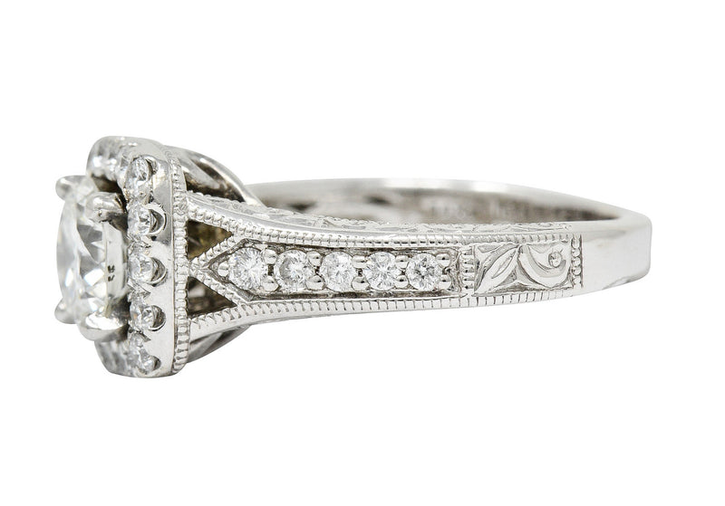 Contemporary 1.57 CTW Diamond 14 Karat White Gold Square Halo Engagement Ring GIARing - Wilson's Estate Jewelry