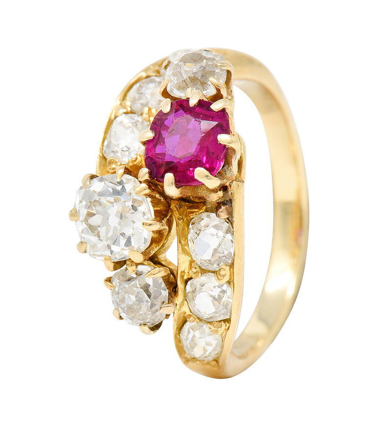 1900 Victorian 1.90 CTW Diamond Ruby 14 Karat Yellow Gold Bypass RingRing - Wilson's Estate Jewelry