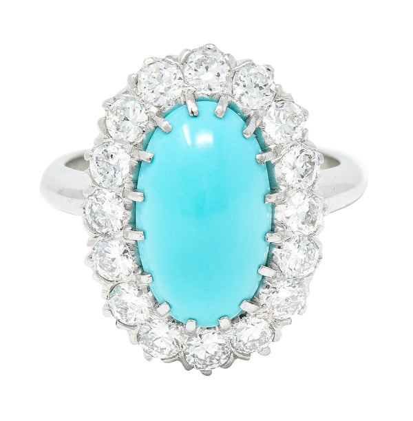 Art Deco 1.12 CTW Turquoise Cabochon Transitional Cut Diamond Platinum Halo Ring Wilson's Estate Jewelry