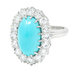 Art Deco 1.12 CTW Turquoise Cabochon Transitional Cut Diamond Platinum Halo Ring Wilson's Estate Jewelry