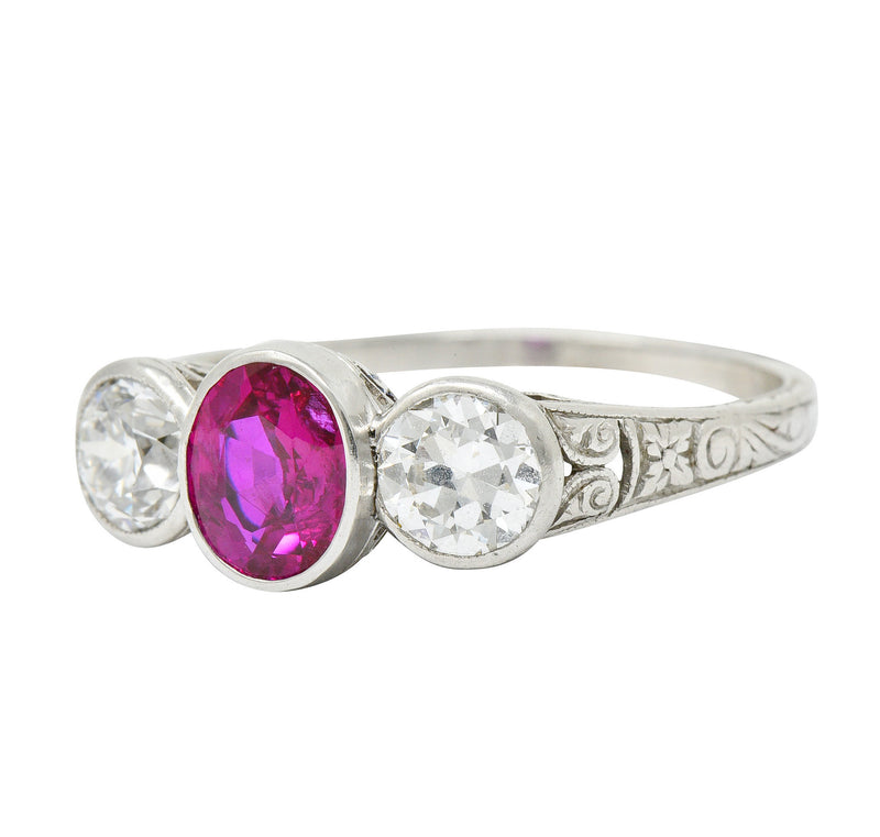 1920's Art Deco 2.03 CTW No Heart Burma Ruby Diamond Platinum Three Stone Ring GIARing - Wilson's Estate Jewelry