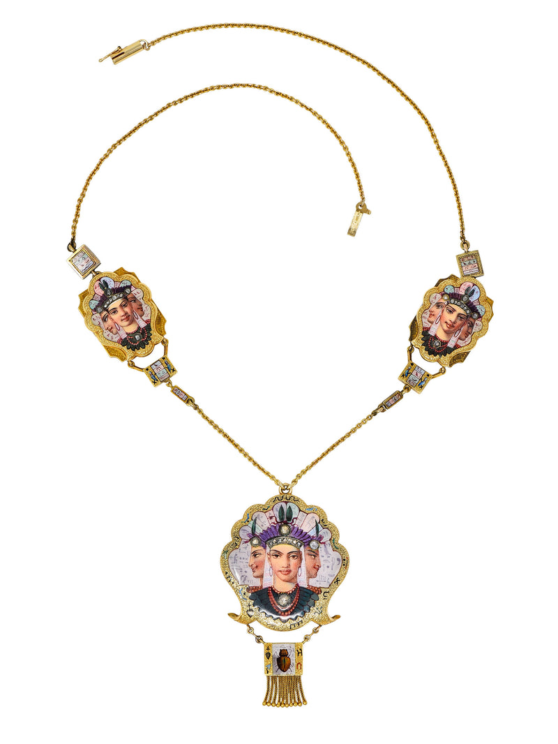 1870's Egyptian Revival Enamel Rose Cut Diamond 18 Karat Gold Goddess Victorian Swag NecklaceNecklace - Wilson's Estate Jewelry